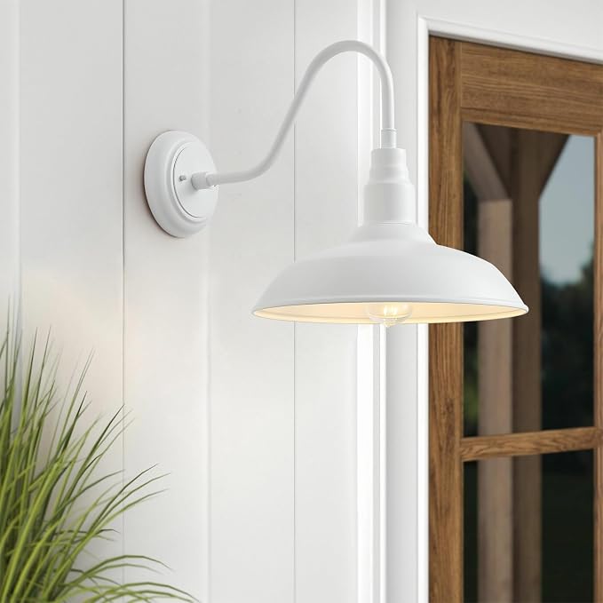 2 Pack 14in Barn Gooseneck Lights for House, White Outdoor Farmhouse Wall Light Fixture for Porch, Exterior Patio Wall Sconce for Front Door, Garage