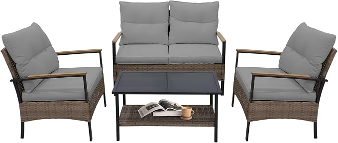COOS BAY Sunset Haven Outdoor Patio Furniture Set, Outdoor Conversation Set, Rattan Wicker Sofa, Loveseat, 2 Patio Chairs and Coffee Table, Brown/Gray