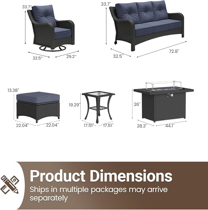10 Pieces Outdoor Furniture Set with 6-inch Cushions, High Back Wicker Swivel Rocker Chairs with Fire Pit Table, Luxury Conversation Set for Deck Patio and Poolside