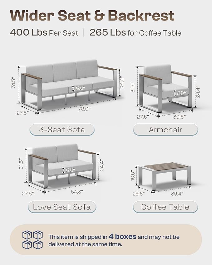 Aluminum Outdoor Patio Furniture Set, 7 Seats Outdoor Patio Conversation Sets with Ergonomic Seat and Wide Washable Thick Cushions, Modern Patio Sectional Furniture for Balcony, Porch (Gray)