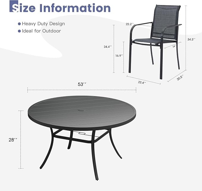 VICLLAX Round Outdoor Dining Set, Patio Table and Chairs Set Set of 8 Patio Stackable Chairs and 53" Outdoor Round Table with Umbrella Hole for Lawn Garden, Dark Grey Chairs and Dark Grey Table