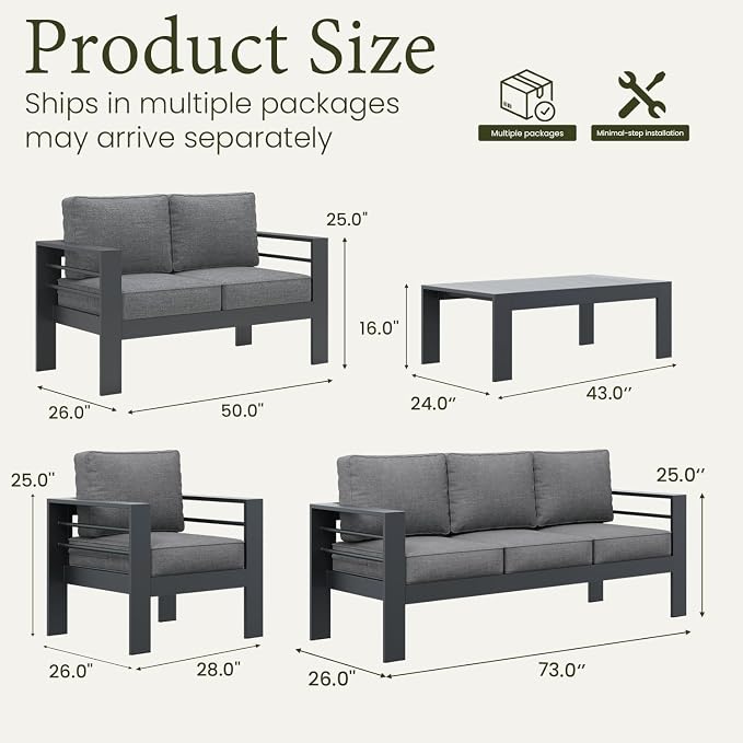 LayinSun Outdoor Aluminum Furniture Set, 5 Pieces Patio Sectional Conversation Chat Sofa Modern Seating Set with Coffee Table