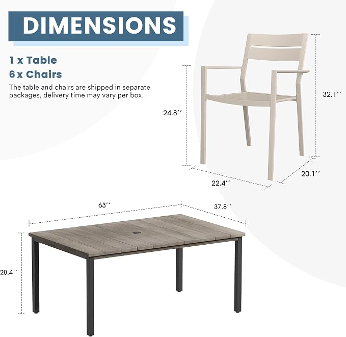 DIFY 7 Pieces Outdoor Patio Dining Set, 6 Cream Stackable Metal Dining Chairs and 63" Grey Wood-Like Rectangle Dining Table, Outdoor Table and Chairs for Lawn Garden Backyard Deck