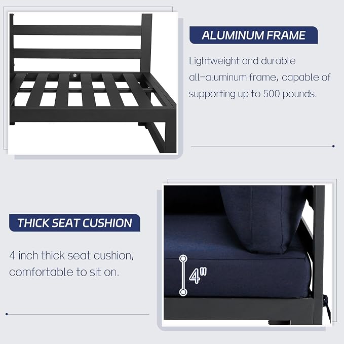BULEXYARD 9 Piece Large Modern Aluminum Outdoor Patio Furniture Set with Fire Pit Table, 29 inch Wide Deep Seat, Rust Proof Comfy Sectional Sofa, 500 lbs Sturdy Front Yard Conversation Set, Navy Blue
