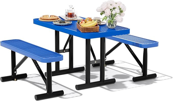 4FT Outdoor Metal Picnic Table with 2 Benches,Heavy Duty Rectangular Picnic Table Set for Outside, Waterproof Commercial Restaurant Table Furniture for Park, Campfield, Patio, Garden, Yard