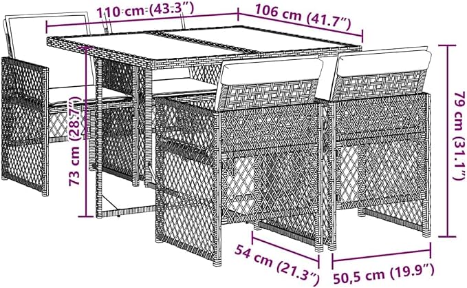 5-Piece Poly Rattan Garden Dining Set with Rectangular Tempered Glass Table and 4 Folding Chairs, Black and Cream White for Patio Backyard