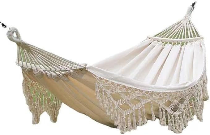 Single Double Hammock with Tassels, 500lb Load Capacity Canvas for Outdoor Garden Patio Camping (White)