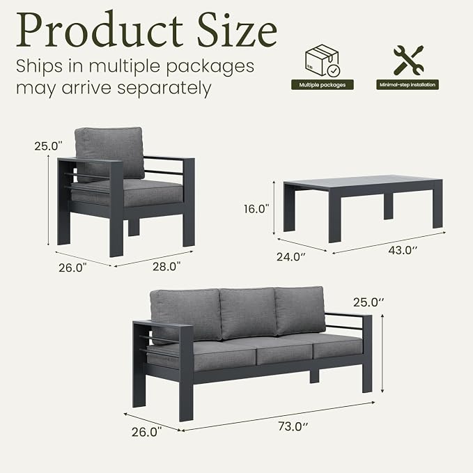 LayinSun Outdoor Aluminum Furniture Set, 4 Pieces Patio Sectional Conversation Chat Sofa Modern Seating Set with Coffee Table