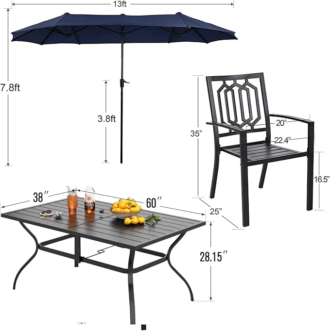 PHI VILLA 8 PCS Patio Dining Set w/13ft Patio Umbrella(Navy Blue) | Metal Outdoor Dining Set - 6 x Outdoor Stackable Chairs, 1x 60"x38"Rectangle Dining Table and 1 Umbrella