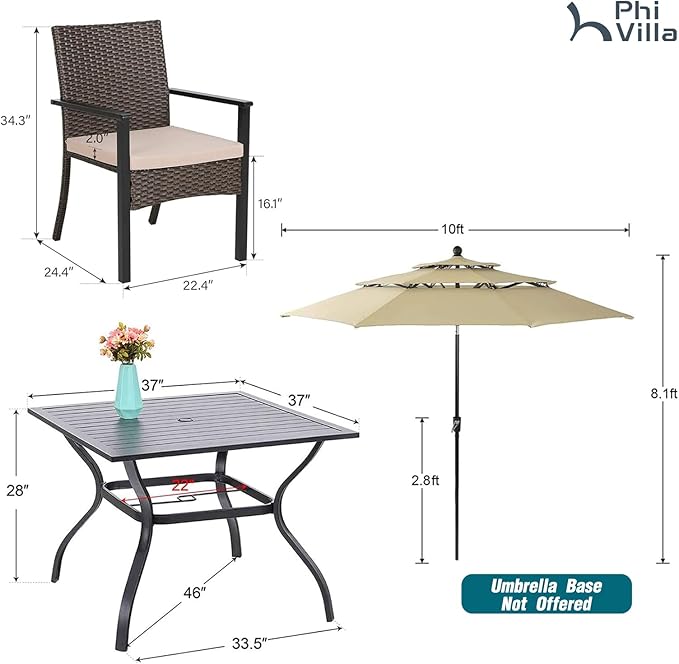 PHI VILLA 5pc Patio Dining Set with Umbrella, Square Table, Rattan Chairs | 37" Metal square dining table, cushioned wicker chairs, 10ft beige umbrella. Perfect for patio, deck, yard, porch.