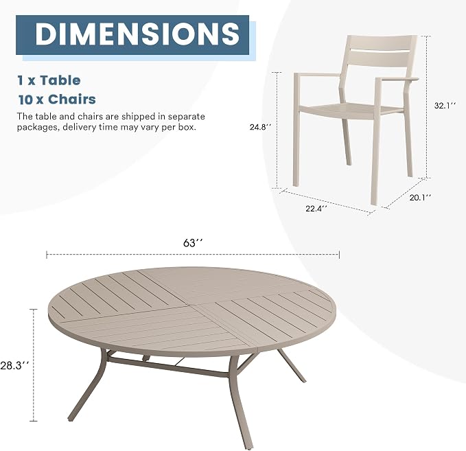 DIFY 11 Piece Outdoor Patio Dining Set for 10, 63" Round Dining Table with Umbrella Hole and Stackable Metal Chairs, Patio Table and Chairs Set for Backyard Garden Poolside, Sandshell
