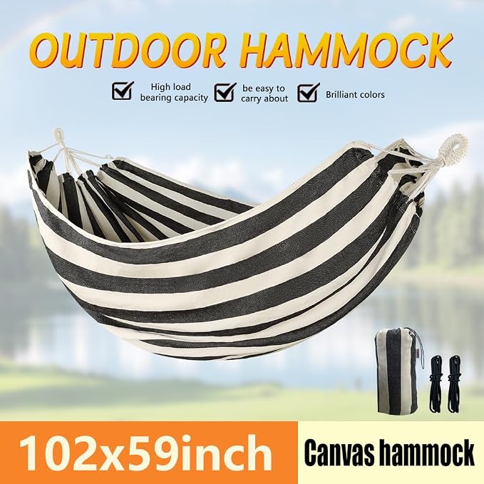 Cotton Canvas Hammock with Tree Straps - Portable Hammock for Outdoor Indoor Patio Backyard, Camping Hammock with Carry Bag, 440lbs Capacity, Without Stand(Black, Without bar)