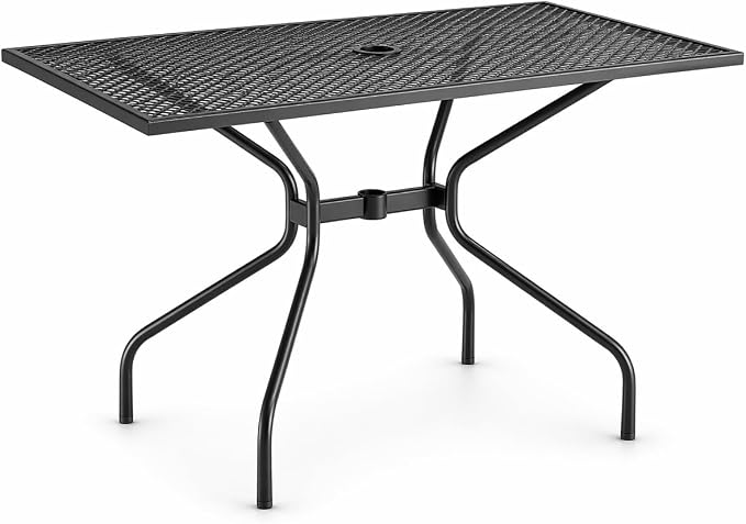 Rectangular Outdoor Dining Table, Black, Steel Mesh Top, Powder-Coated, 30x48 Inch, with Umbrella Hole, Seats 4, Standard Height (Black, Steel mesh, Assembly Required)