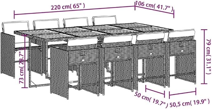 9 Piece Outdoor Dining Set with Cushions Grey Poly Rattan for Patio Garden Backyard, Space-Saving Folding Chairs, Acacia Wood Table, Weather-Resistant