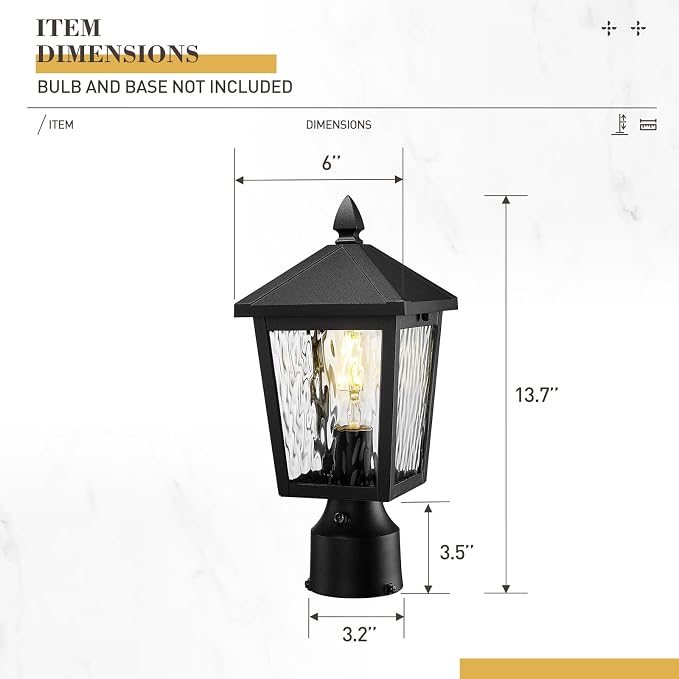 zeyu Lantern Post Light Fixture with Photocell Sensor, 13.7 Inch Dusk to Dawn Outdoor Post Lighting, Exterior Pole Lighting Fixture with Water Ripple Glass, 20076PS-PC BK-WP