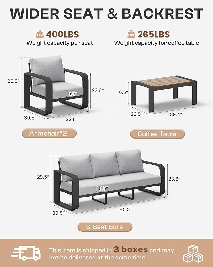 Oversized Aluminum Outdoor Furniture Set, Extra Large Patio Furniture Sofa Set 4.8” Widened Armrest & Ultra-Thick Cushions, 4 Pcs Modern Patio Sectional for Backyard, Porch, Gray
