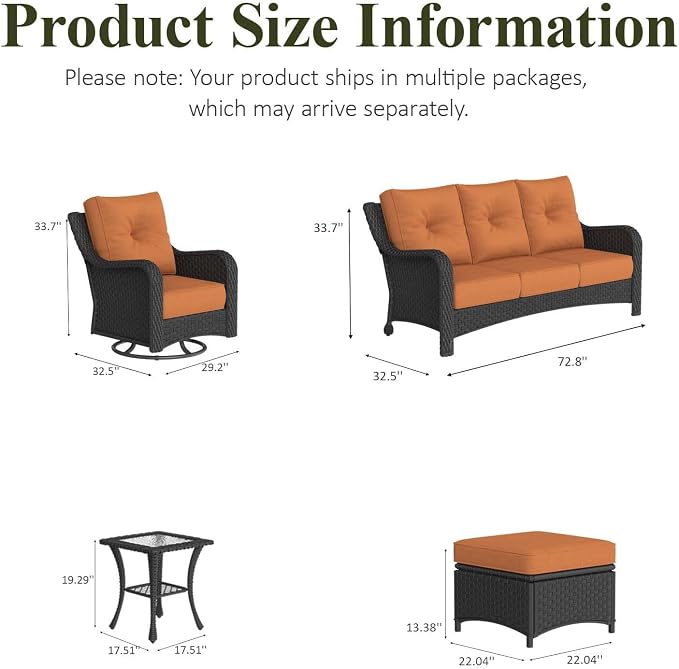 LayinSun 7 Piece Wicker Outdoor Furniture Set with 6-inch Comfy Cushions, High Back Patio Furniture Set with Swivel Rocking Chairs and Side Table