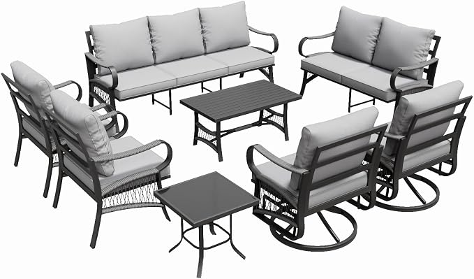 8 Piece Patio Furniture Set, 9 Seat Metal Outdoor Sectional Sofa Set with 2 Swivel Chairs, Patio Conversation Set with Thick Cushions and Coffee Table for Garden, Porch, Lawn, Grey
