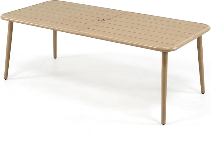 Outdoor Dining Table for 8, Large Rectangular Aluminum Patio Table with Umbrella Hole, 8-Person Rustproof Wood-Like Aluminum Dining Table for Lawn Garden Backyard