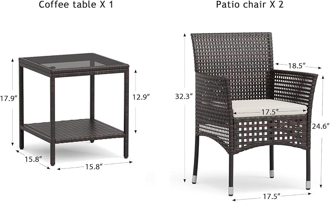 Brown All Wicker Rattan Conversation Sofas Outdoor 3 Piece Patio Furniture Set with Glass-top Coffee Table for Garden Balcony and Porch