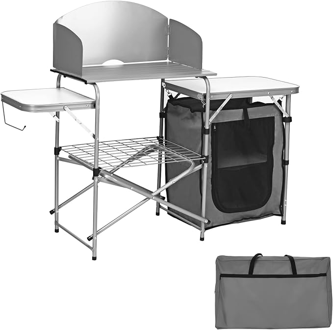 Goplus Camping Kitchen Table, Portable Outdoor Cooking Table with Storage, 26'' Tabletop, Detachable Windscreen, Camp Cook Station, Folding Grill Table for Tailgating BBQ Picnic Backyard Beach RV