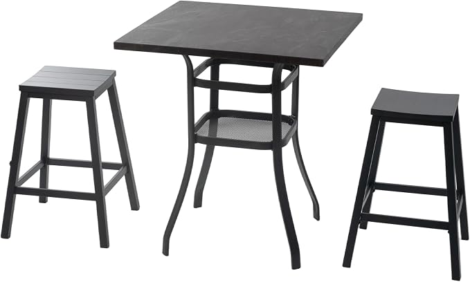 Kozyard 3-Piece Patio Bar Set with 2 Counter Height Bar Stools, Outdoor Bistro Table Set with Marble-Look Tabletop & Storage Shelves, All-Weather Bar Height Dining Set for Backyard, Balcony