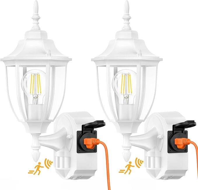 2 Pack Porch Lights with Outlet, Motion Sensor Outdoor Lights, Updated Dusk to Dawn Exterior Lighting Fixtures, Waterproof Anti-Rust Aluminum Outside Light for House Entryway Garage, White