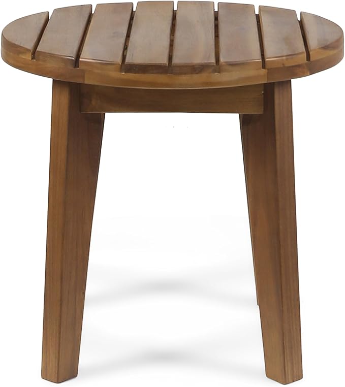 Round Patio Side Table Acacia Wood End Table with Slat Panel Design Rustic Outdoor Accent Table for Garden Backyard Pool Deck Living Room Weather Resistant Easy Maintenance,Teak