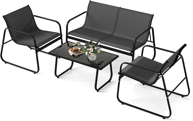 Tangkula 4 Piece Patio Furniture Set, Outdoor Metal Conversation Chair & Coffee Table Set with Mesh Seat Fabric & Tempered Glass Tabletop, Outside Bistro Set for Backyard, Porch, Poolside (Black)
