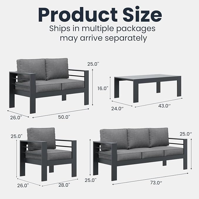 5 Pieces Modern Aluminum Patio Furniture Set, Outdoor Conversation Sets Metal Sectional Sofa with Coffee Table