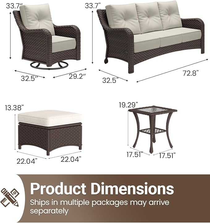 6 Pieces Outdoor Furniture Set with 6-inch Cushions, High Back Wicker Swivel Rocker Chairs with Coffee Table, Luxury Conversation Set for Deck Patio and Poolside