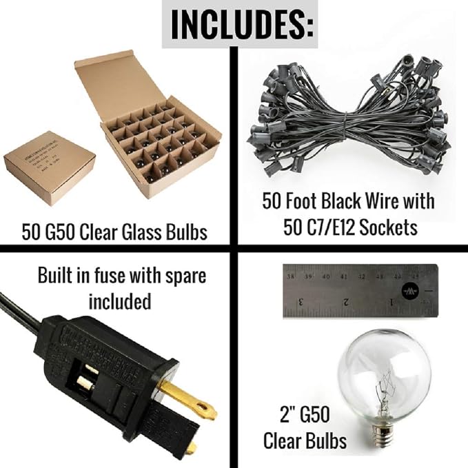 G50 Clear 2 Inch Light Bulbs with C7 Stringer 18 Gauge (Black Wire, 50')