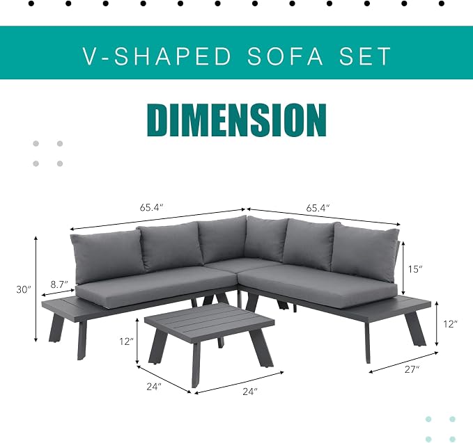 Soleil Jardin 4-Piece Outdoor Patio Furniture Set L-Shaped Aluminum Sectional Sofa with Coffee Table All-Weather Patio Conversation Set with Cushions, Dark-Grey