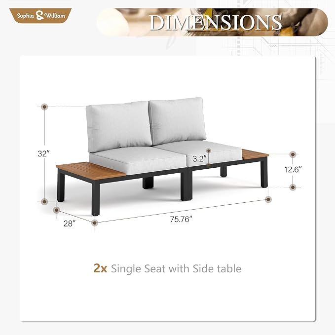 Sophia & William Outdoor Patio Furniture Set, Metal Sectional Sofa Set Patio Conversation Set with Cushions-2 x Single Sofa with Side Table