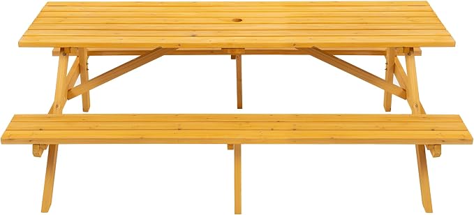 Wood Outdoor Picnic Table,8 Person Rectangular Patio Table Dining Table w/2 Built-in Benches,Umbrella Hole,Outdoor Camping Dining Table with 2 Seats for Garden, Backyard,2220lb Capacity,Natural