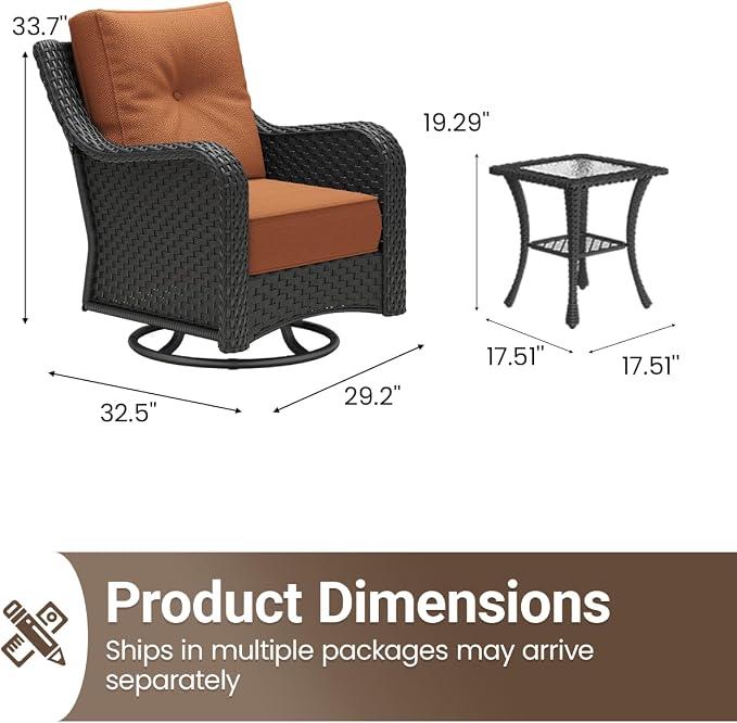3 Pieces Outdoor Furniture Set with 6-inch Cushions, High Back Wicker Swivel Rocker Chairs with Coffee Table, Luxury Conversation Set for Deck Patio and Poolside