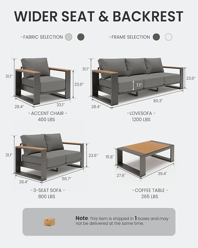 Oversized Aluminum Patio Furniture, 1 Piece Luxury Outdoor Furniture with 7.1" Extra Thick Cushion, Modern Outdoor Sectional 3-Seat Sofa for Porch, Garden and Deck, Gray