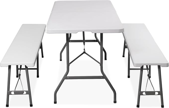 SUPER DEAL Folding Table Set with 2 Benches, 6 FT Camping Picnic Table Set, Outdoor Indoor Portable Furniture for Working Meeting Wedding Party w/Handle and Safety Lock, White