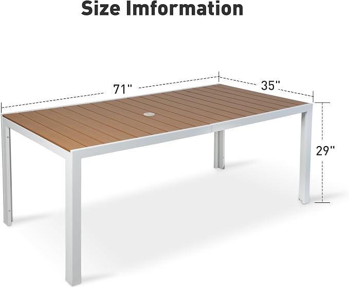 Dporticus Outdoor Dining Table for 6-8 Person, 71” Rectangular Patio Table with 1.6” - 2” Adjustable Umbrella Hole and Wood Like Tabletop for Outside or Indoor, Brown and White