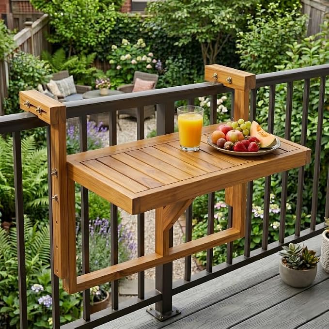 Acacia Wood Balcony Hanging Table – Stable Fixed Outdoor Railing Table – Weather-Resistant White Finish – Adjustable Mounting for Small Balcony, Patio, and Porch (Natural Wood - 2pcs)