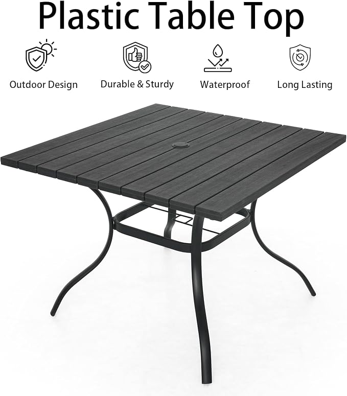 Anmutig Outdoor Dining Table with 1.6" Umbrella Hole, 37" Square Plastic Patio Table with Metal Steel Frame for Picnic, Garden, Poolside, Backyard, Black