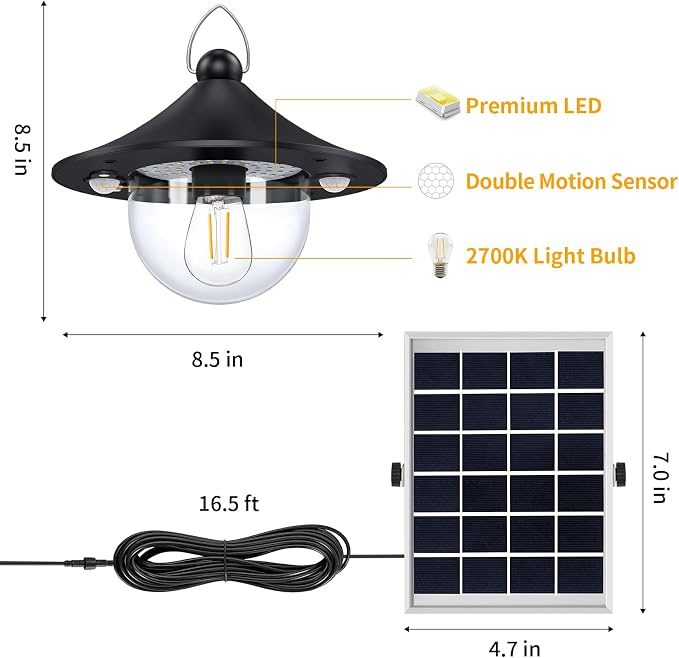 Solar Powered Shed Light Indoor Outdoor Pendant Lights with 2 Motion Sensor | Waterproof, Daytime Available, 3 CCT, Solar Hanging Lamp for Porch, Inside Home, Farmhouse, Gazebo, Chicken Coop