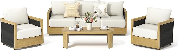 HAPPATIO Aluminum Patio Furniture Set, 3 Pieces Wood-Like Oversized 3-Seat Sofa Conversation Set with Thick Cushion, Curved Tub Design with Woven Rope Accents for Garden, Backyard, Poolside