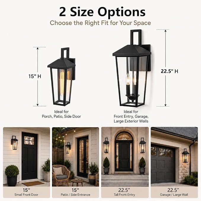 Outdoor Wall Lights Exterior Porch Sconces | Black, 22.5” Patio Wall Lighting Fixtures, Clear Glass,E12,Water Proof, for House,Yard,1 Pack