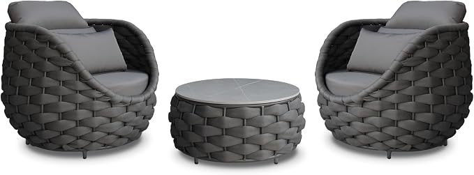Front Porch Furniture Set 3 Piece: Aluminum Woven Rope Patio Conversation Sofa Set for 2 - Assembled Outdoor Couch Armchair Set Cushions - for 400lb Deck Balcony Pool Yard Hotel - Dark Gray