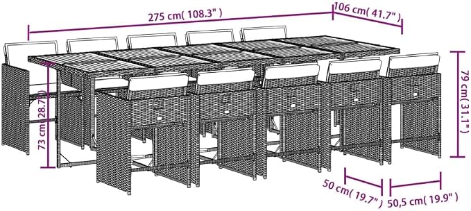 11 Piece Outdoor Dining Set, PE Rattan Patio Furniture with Acacia Wood Tabletop, 10-Seater Grey Garden Table and Chairs with Cushions