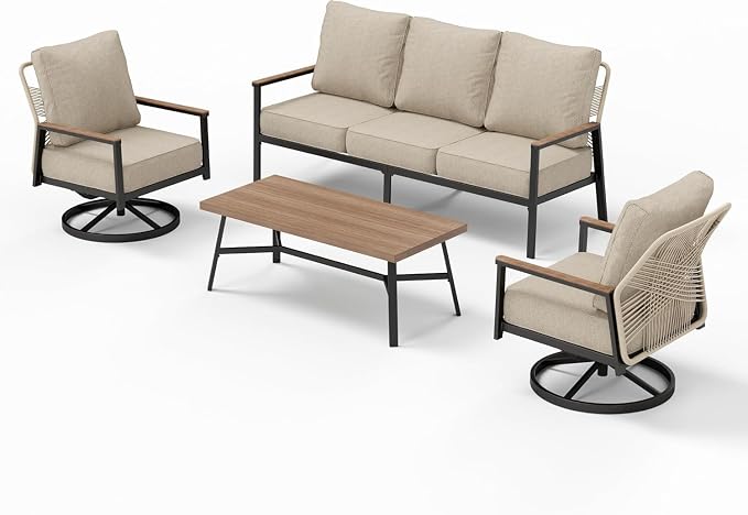SUNSHINE VALLEY 4 Piece Patio Furniture Set with Swivel Chairs, High Back Rope Rattan Outdoor Conversation Set with Extra Thick Cushion and Coffee Table for Lawn Garden Backyard and Deck