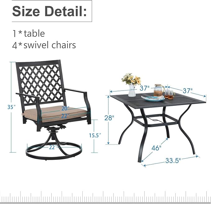 PHI VILLA Patio Dining Set for 4, Swivel Chairs& 37" Square Steel Table | 37” Square Metal Table &Swivel Wrought Iron Chairs with Cushions,Outside Furniture Set for Patio,Deck,Yard,Porch