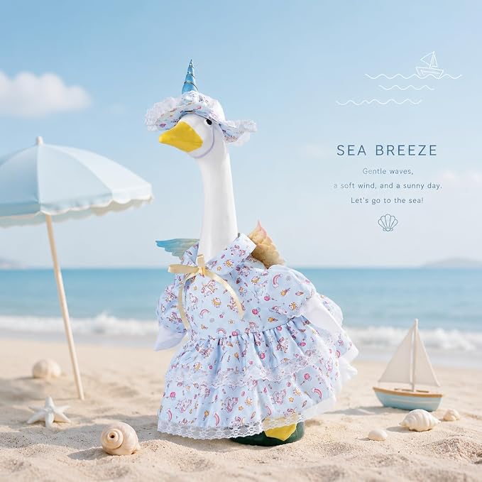 Unicorn Fairy Porch Goose Outfit, Pastel Lace Ruffle Dress & Horn Hat with Iridescent Wings, Fits Standard 23 Inch Lawn Goose Statue, Outdoor Garden Yard Decor