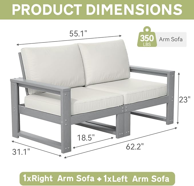 Patio Furniture Set, HDPE Outdoor Couch Loveseat with Cushions,All Weather Outdoor Sofa for Porch, Backyard, Deck,Grey